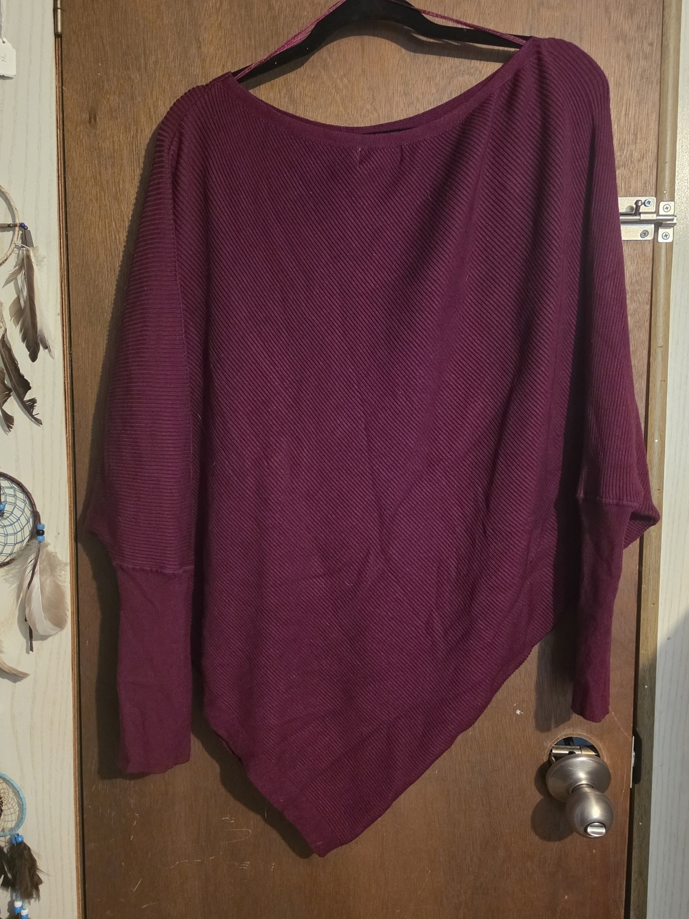 Bluivy Off-the-Shoulder Ribbed Poncho Sweater in Burgundy - Picture 6 of 6